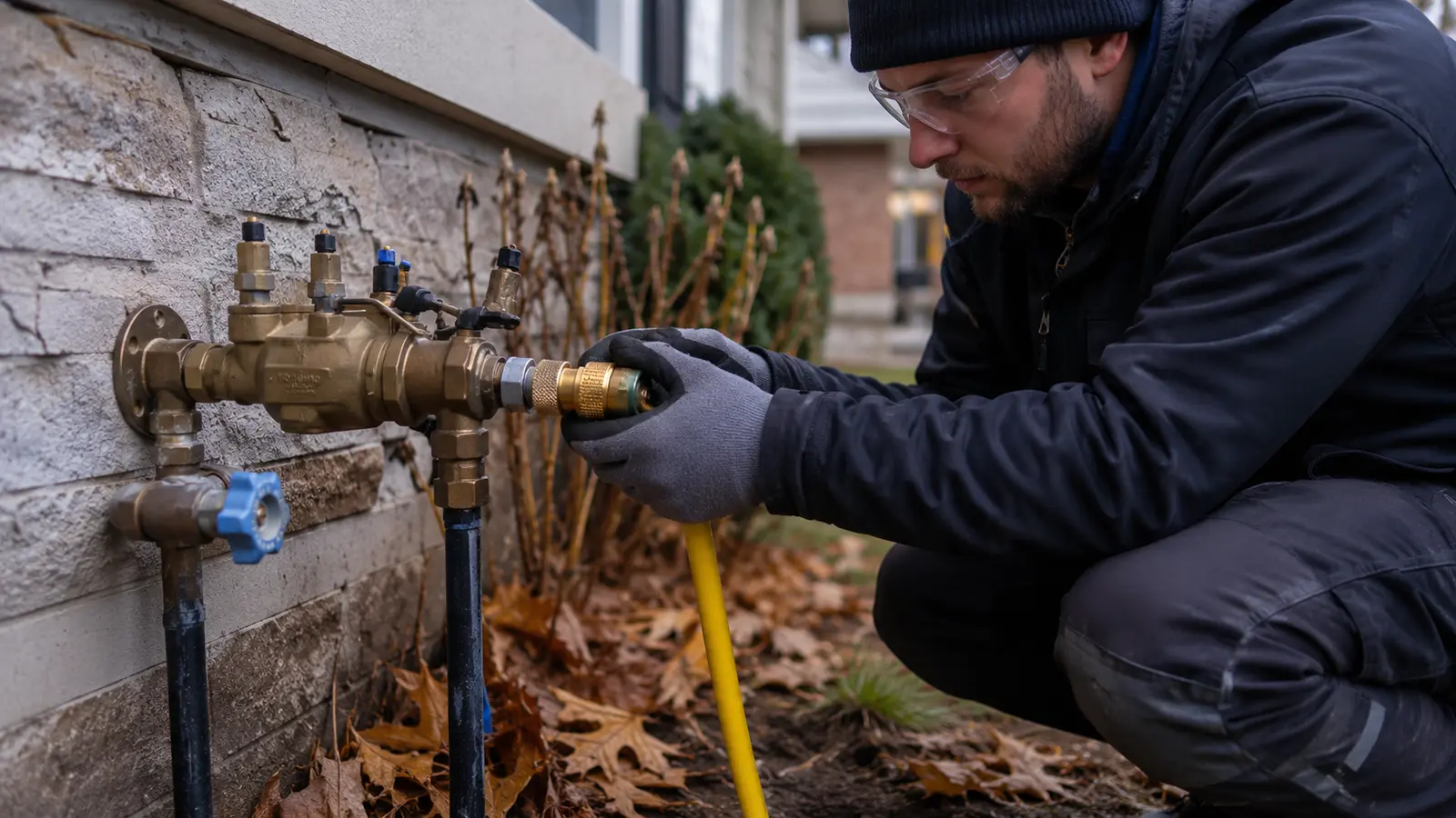 Irrigation technician connecting an air hose to a sprinkler blowout service port