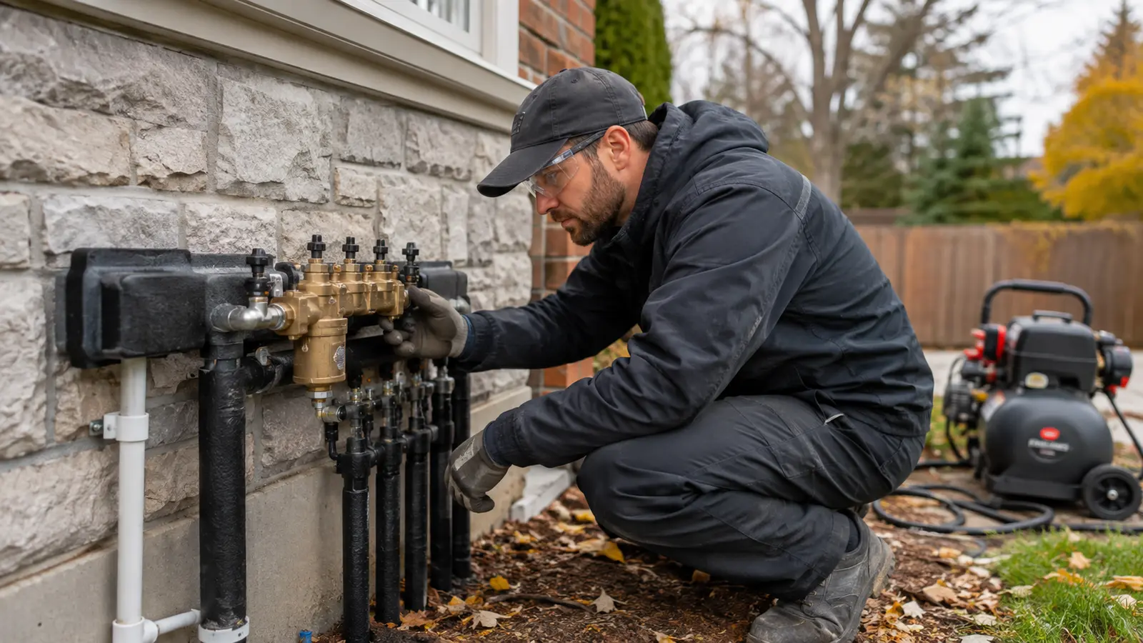 Professional final inspection of a winterized irrigation manifold and backflow device