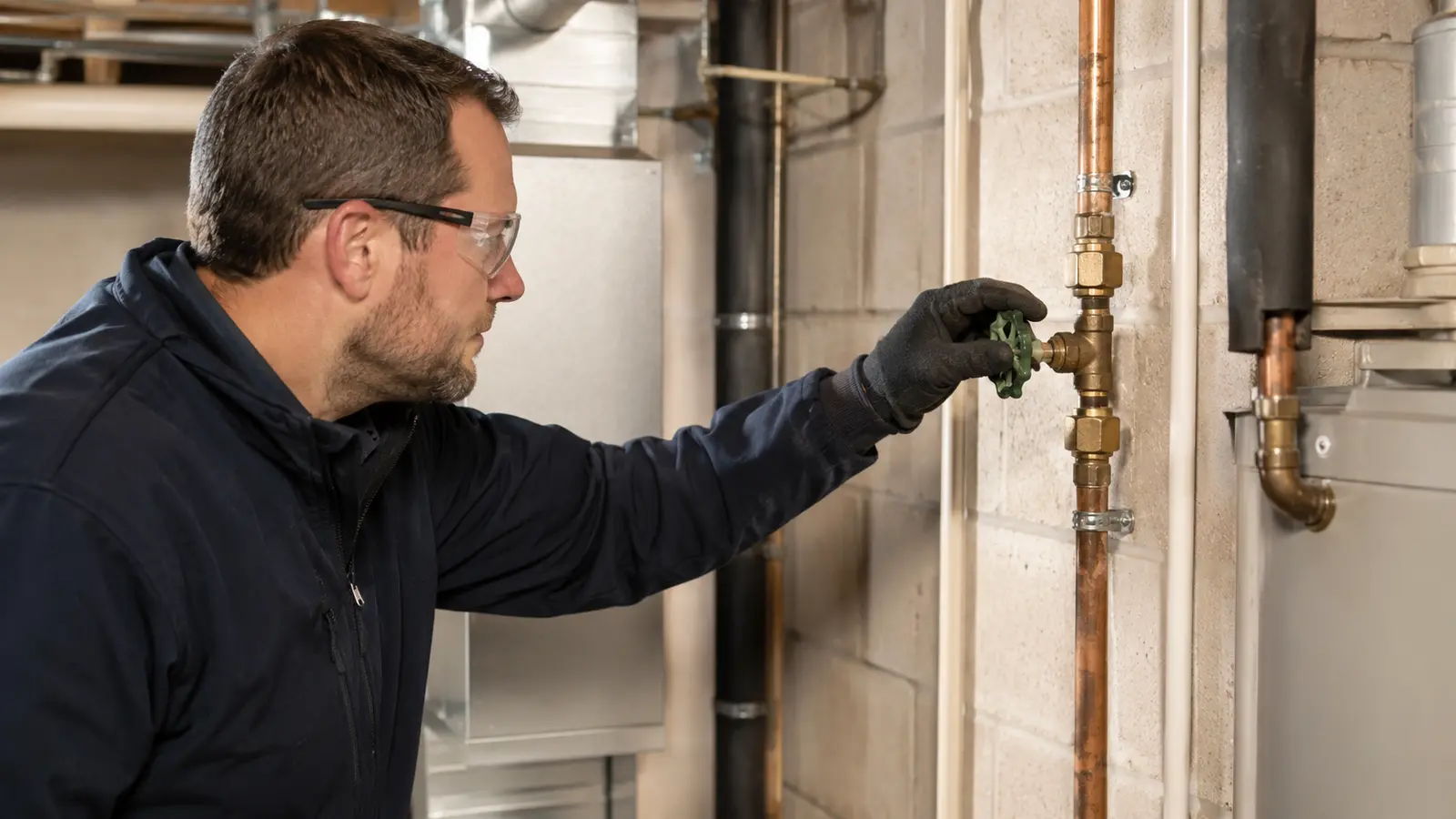 Technician shutting off a residential irrigation water valve before winterization