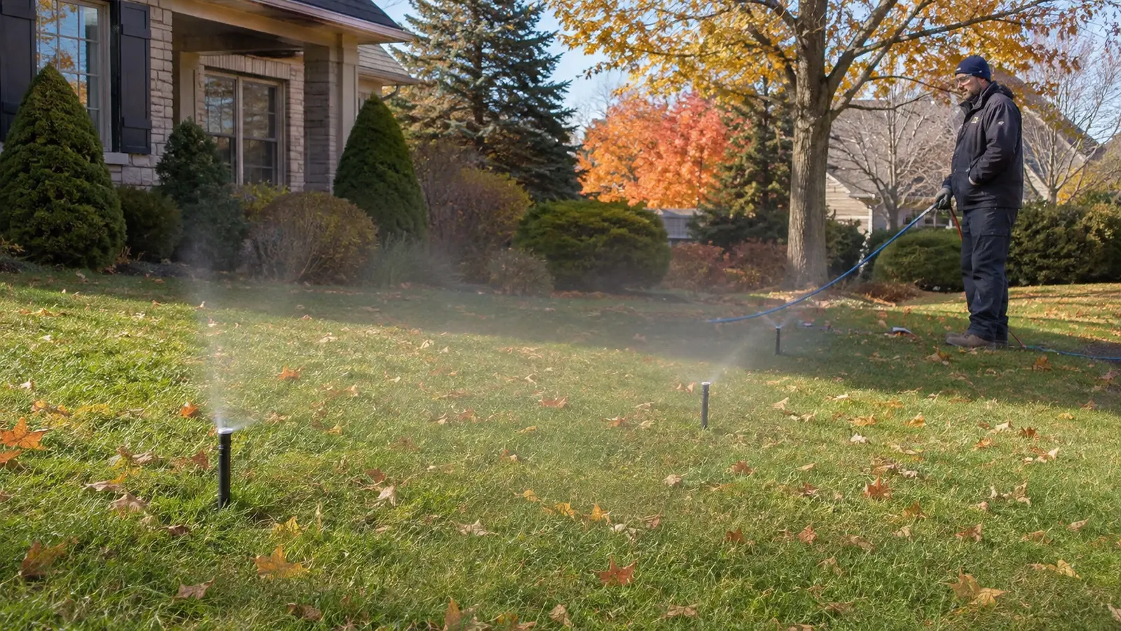 Sprinkler heads releasing a light mist during a professional Toronto irrigation blowout