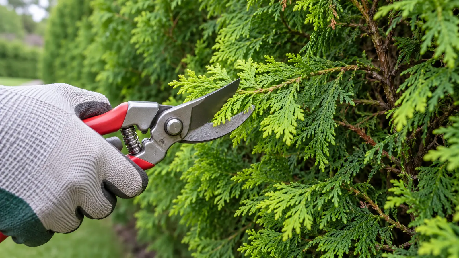 Bypass pruners cutting only pale green current season growth on a cedar branch