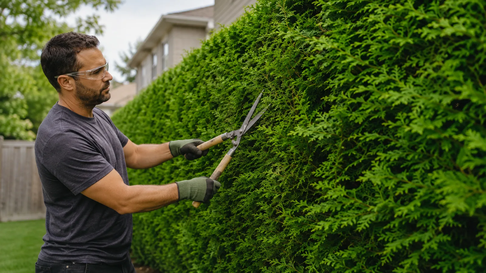 Professional trimming only soft green outer growth from a cedar hedge