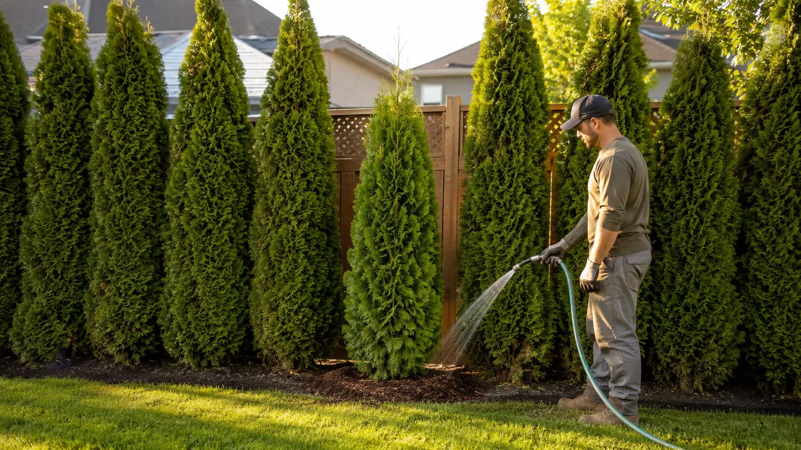 Landscaper watering a newly planted replacement cedar aligned within a mature privacy hedge